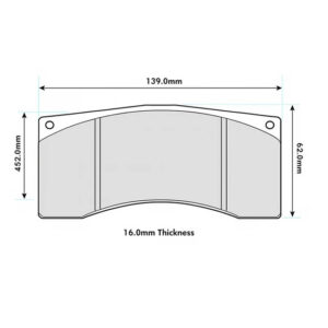 Brake pad drawing with curved bottom; overall width 139.0 mm, thickness 16.0 mm, left height 45.2 mm, right height 62.0 mm, two mounting holes.