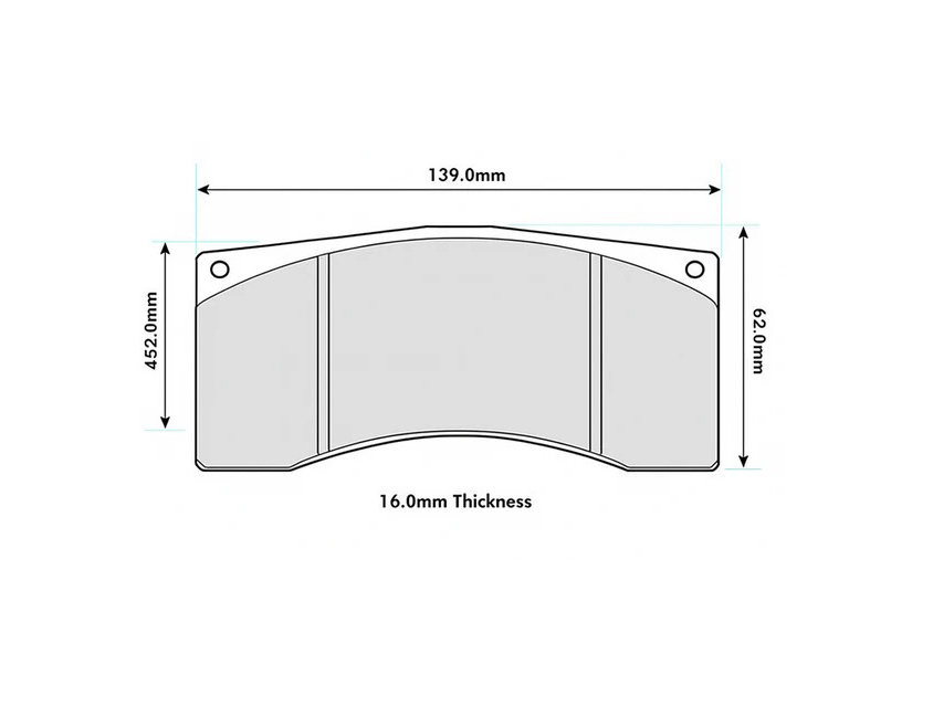 6820 - PBS FRENOS Brake pad drawing with curved bottom; overall width 139.0 mm, thickness 16.0 mm, left height 45.2 mm, right height 62.0 mm, two mounting holes.