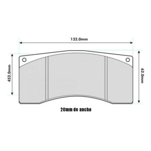 Technical drawing of a curved brake pad with two vertical ribs and mounting holes at the top corners; overall width 132 mm, left height 45.2 mm, right height 65.0 mm, and thickness 20 mm.