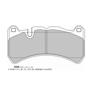 8446 - PBS FRENOS Technical drawing of a brake pad (part 8446) for Brembo caliper, showing curved bottom edge, central notch/groove, and mounting features.