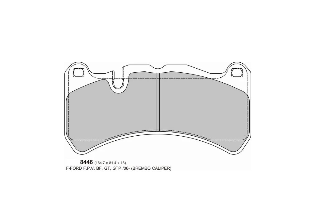 8446 - PBS FRENOS Technical drawing of a brake pad (part 8446) for Brembo caliper, showing curved bottom edge, central notch/groove, and mounting features.