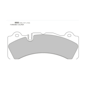 8503 - PBS FRENOS Diagram of a front brake pad (F-BREMBO CALIPER), part number 8503, with dimensions 190 x 73.7 x 16.5 mm and a curved friction surface with a notch and shims shown.