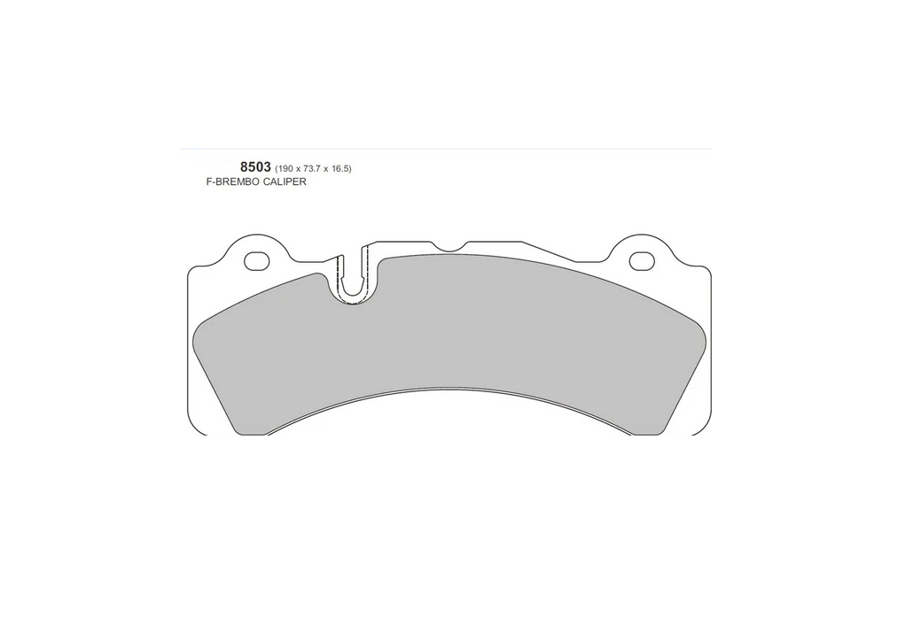8503 - PBS FRENOS Diagram of a front brake pad (F-BREMBO CALIPER), part number 8503, with dimensions 190 x 73.7 x 16.5 mm and a curved friction surface with a notch and shims shown.
